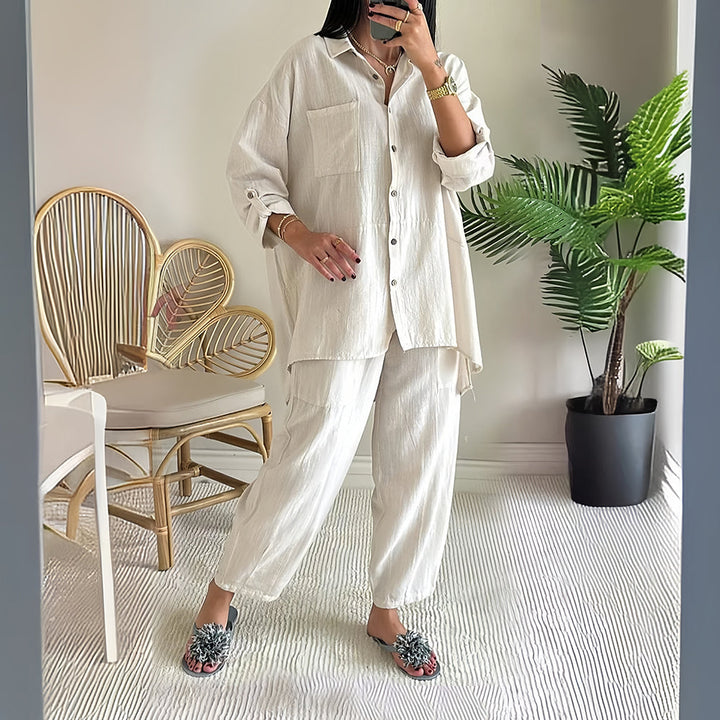 Drune | Langarm-Set aus Hemd und Hose aus Baumwolle und Leinen für Damen