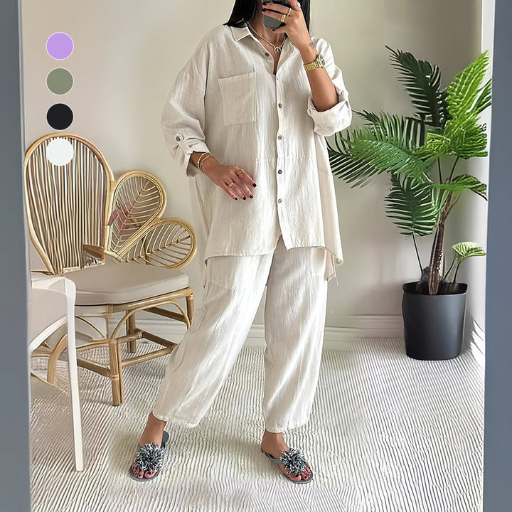 Drune | Langarm-Set aus Hemd und Hose aus Baumwolle und Leinen für Damen