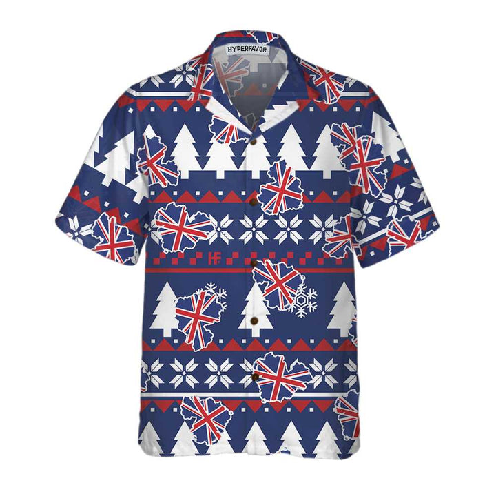 Drune | London Ugly Christmas Muster Hawaiian-Shirt, England Flag Weihnachtshemd für Männer