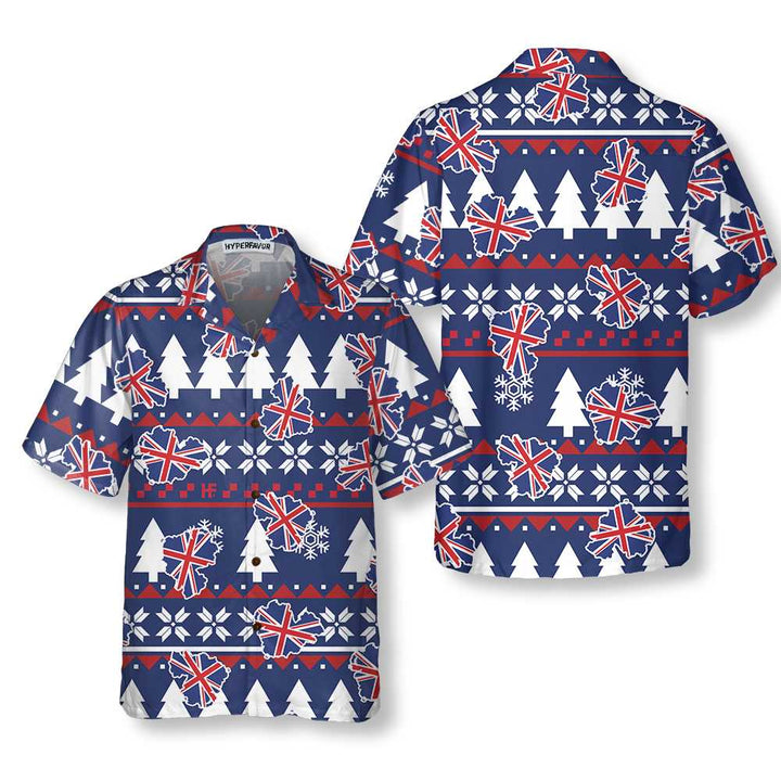 Drune | London Ugly Christmas Muster Hawaiian-Shirt, England Flag Weihnachtshemd für Männer