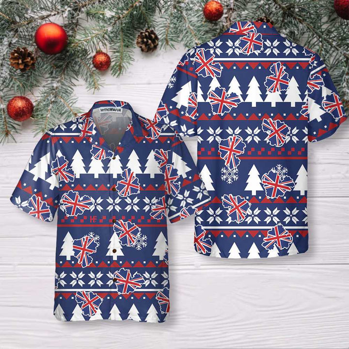 Drune | London Ugly Christmas Muster Hawaiian-Shirt, England Flag Weihnachtshemd für Männer