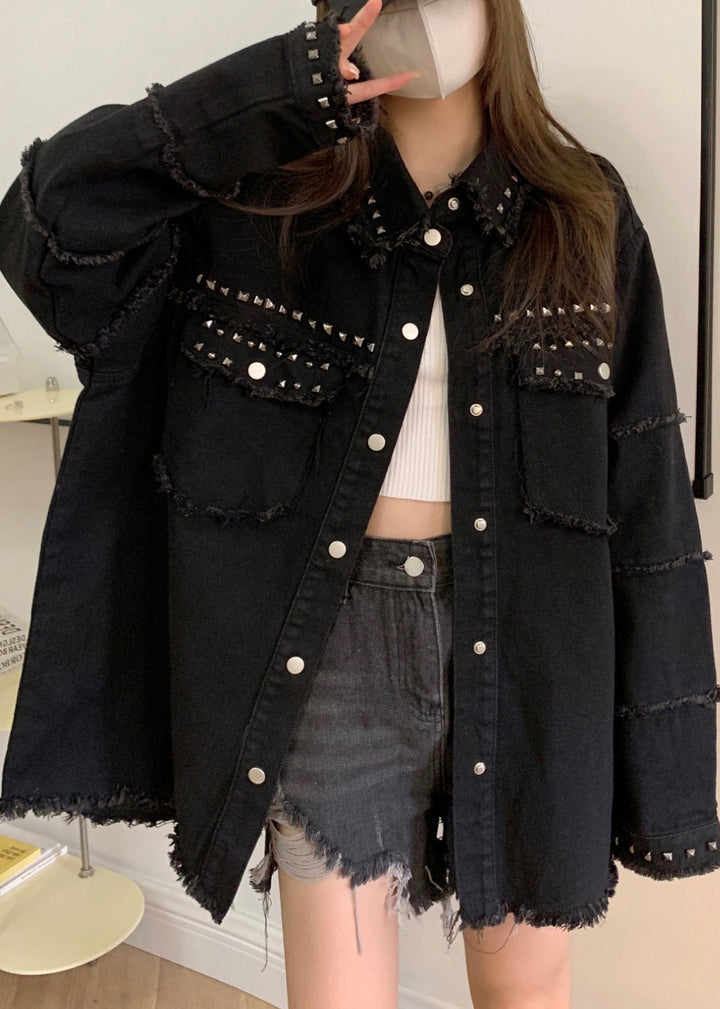 Drune | Schwarze Taschen Nagel Perlen Denim Mäntel Lange Ärmel