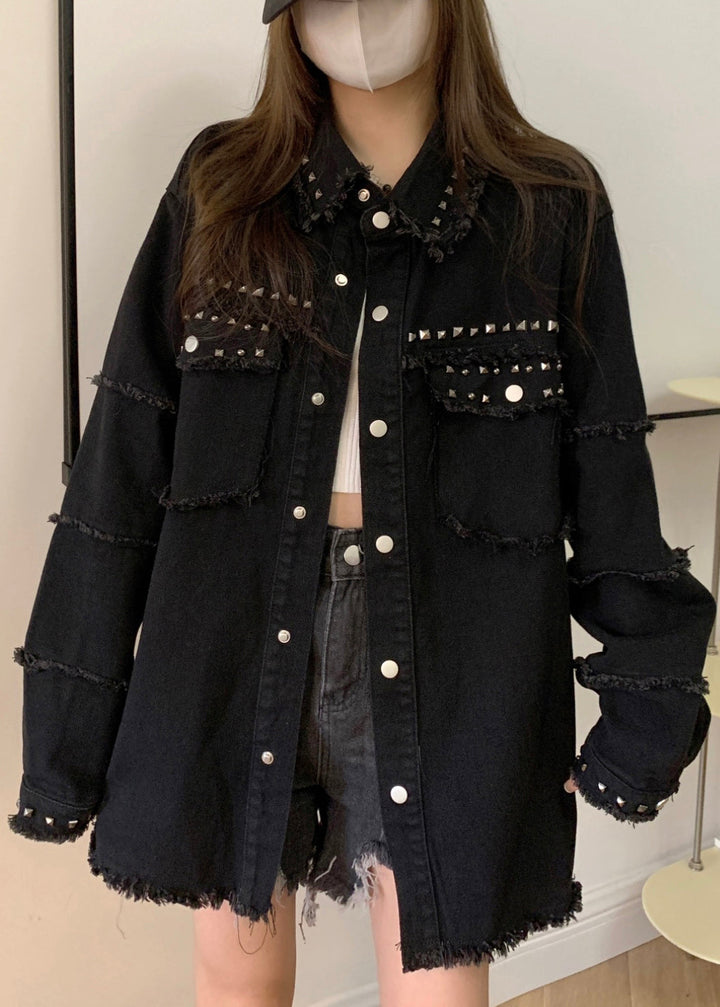 Drune | Schwarze Taschen Nagel Perlen Denim Mäntel Lange Ärmel