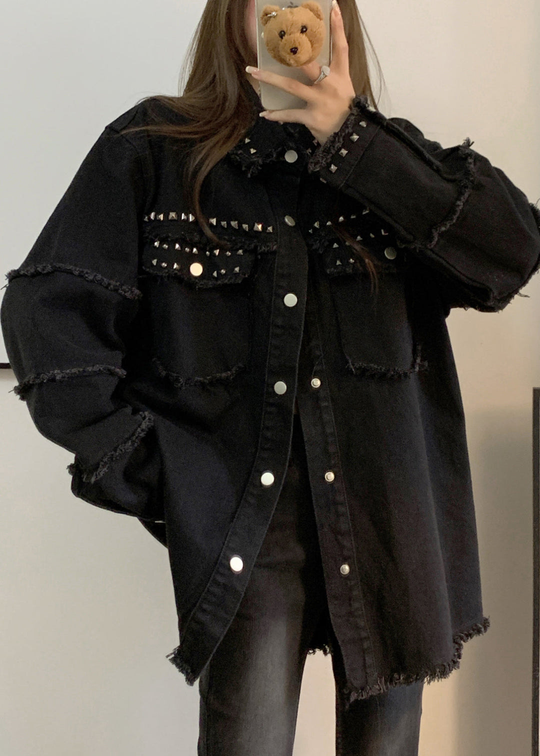 Drune | Schwarze Taschen Nagel Perlen Denim Mäntel Lange Ärmel