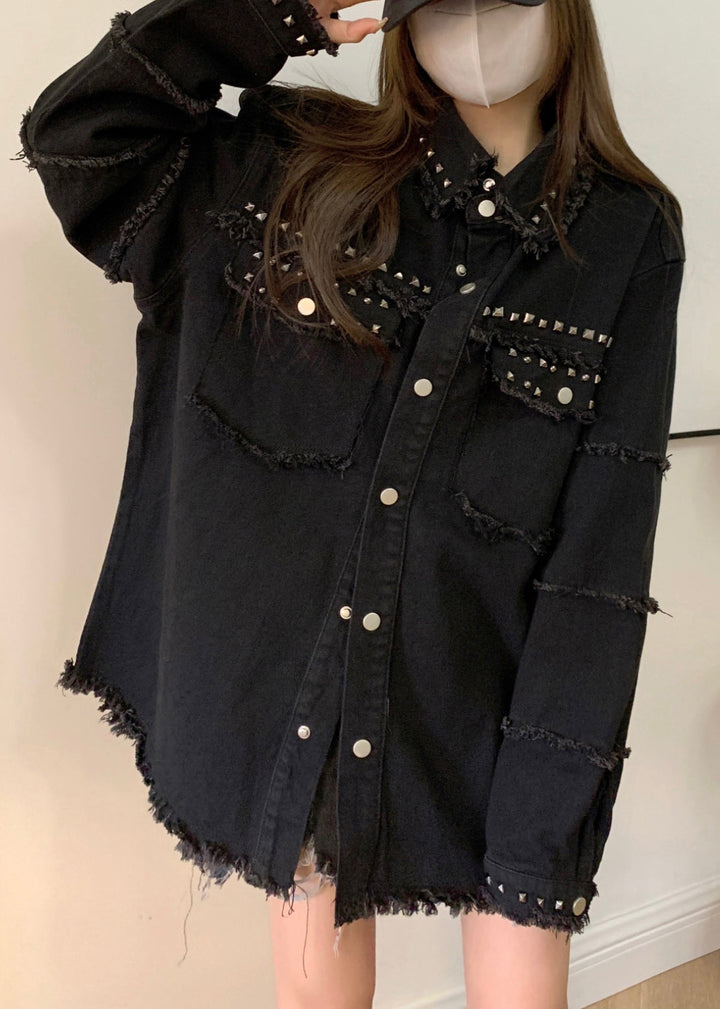 Drune | Schwarze Taschen Nagel Perlen Denim Mäntel Lange Ärmel