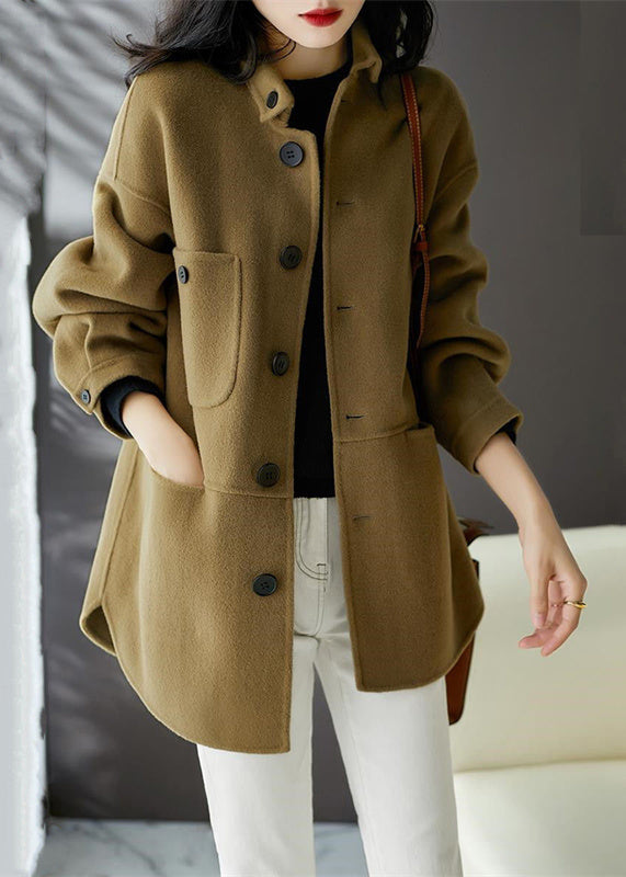 Drune | Erdige Gelbe Knopf Taschen Patchwork Woll Mäntel