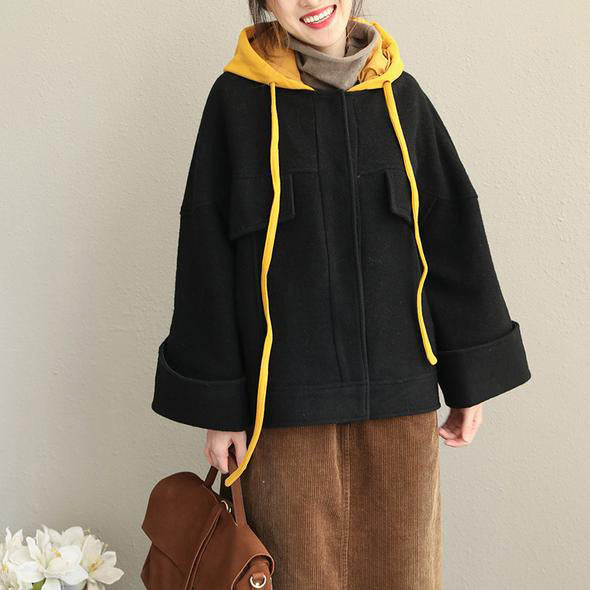 Drune | Hoodie Schwarz Winterkurz Wollmantel Frauen Casual Jacken