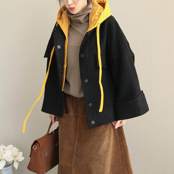 Drune | Hoodie Schwarz Winterkurz Wollmantel Frauen Casual Jacken