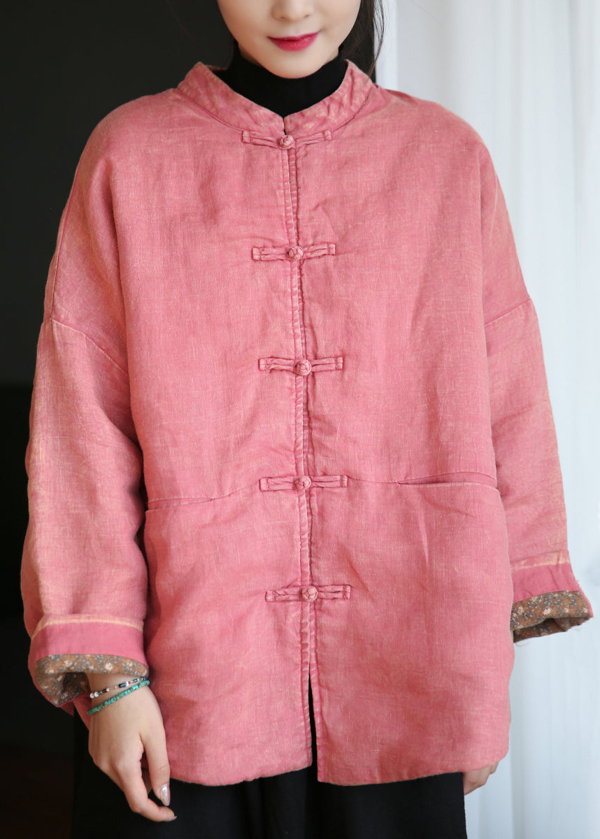 Drune | Pink Button Pockets Baumwollgefüllte Mäntel mit langen Ärmeln