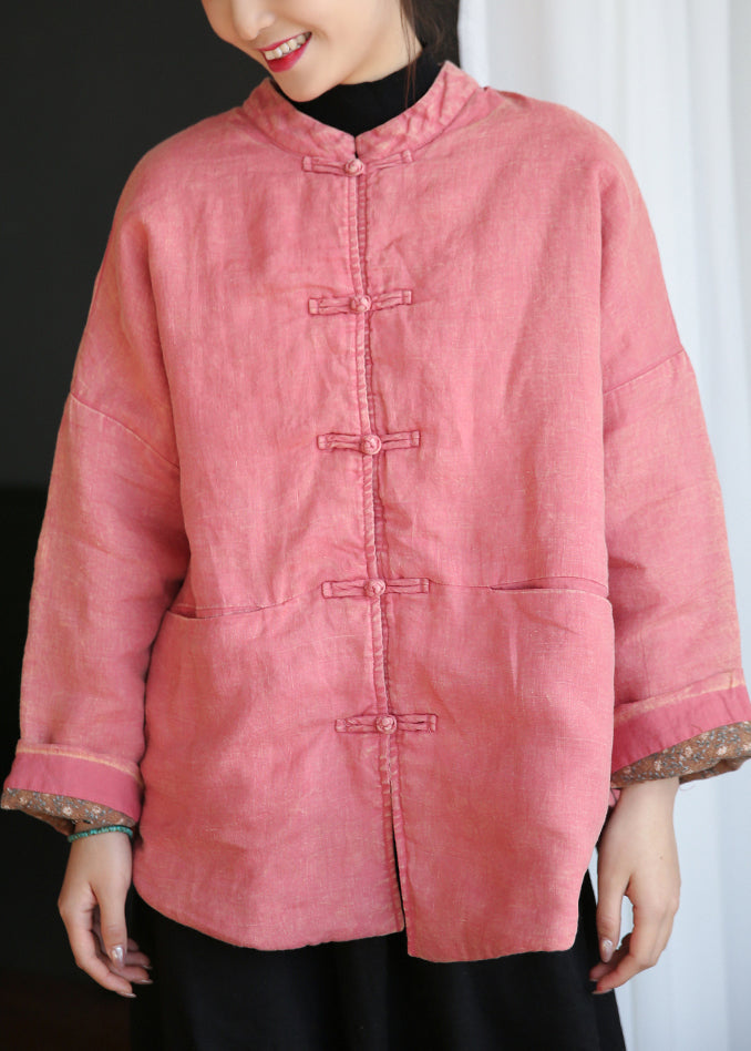 Drune | Pink Button Pockets Baumwollgefüllte Mäntel mit langen Ärmeln