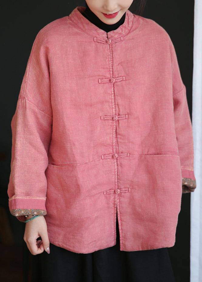 Drune | Pink Button Pockets Baumwollgefüllte Mäntel mit langen Ärmeln