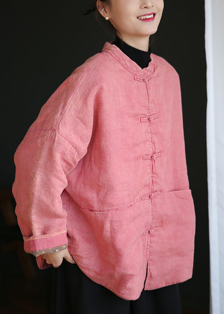 Drune | Pink Button Pockets Baumwollgefüllte Mäntel mit langen Ärmeln
