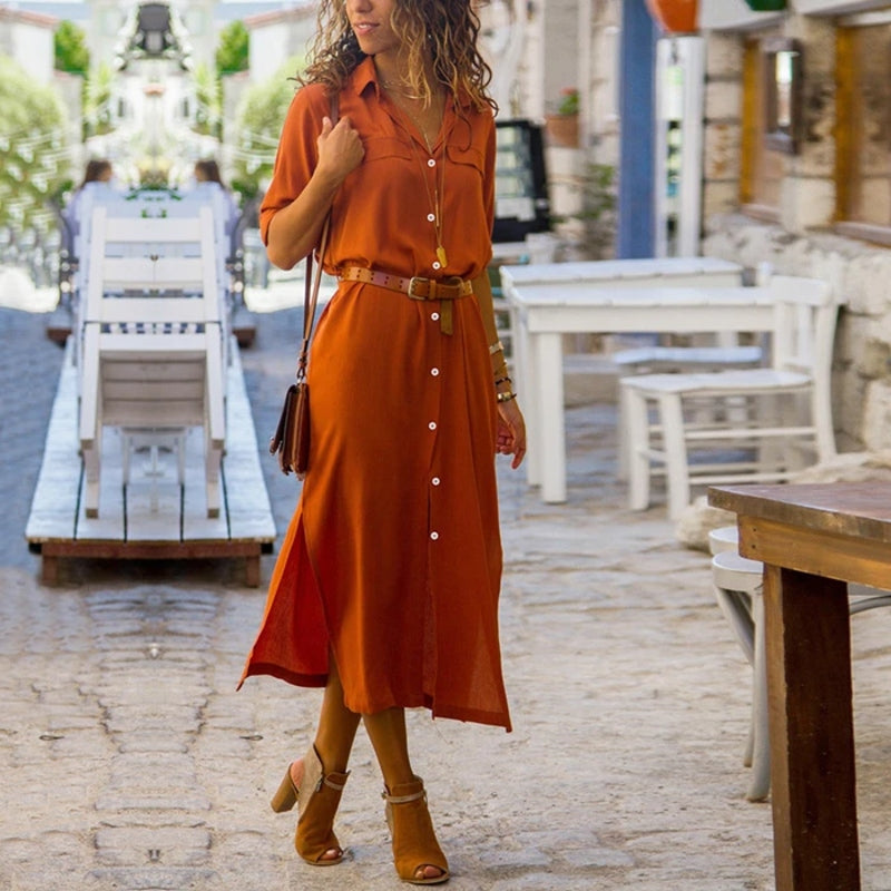 Drune – Elegantes Button-Down-Hemdkleid für Damen | Langärmliges Hemdblusenkleid im Bohemian-Stil mit Gürtel
