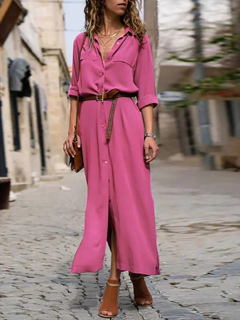 Drune – Elegantes Button-Down-Hemdkleid für Damen | Langärmliges Hemdblusenkleid im Bohemian-Stil mit Gürtel