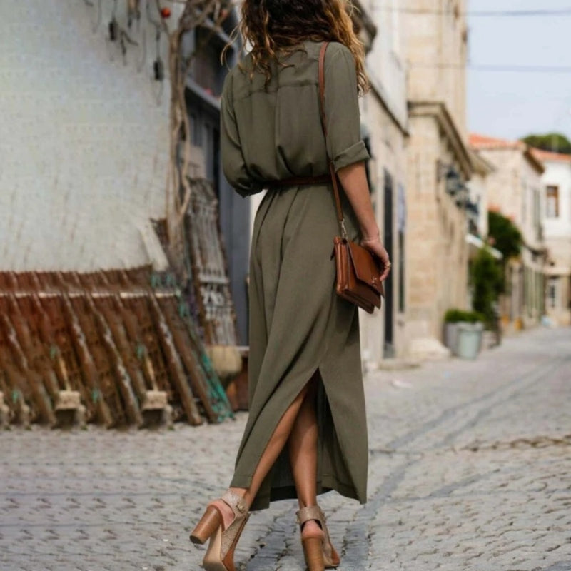 Drune – Elegantes Button-Down-Hemdkleid für Damen | Langärmliges Hemdblusenkleid im Bohemian-Stil mit Gürtel