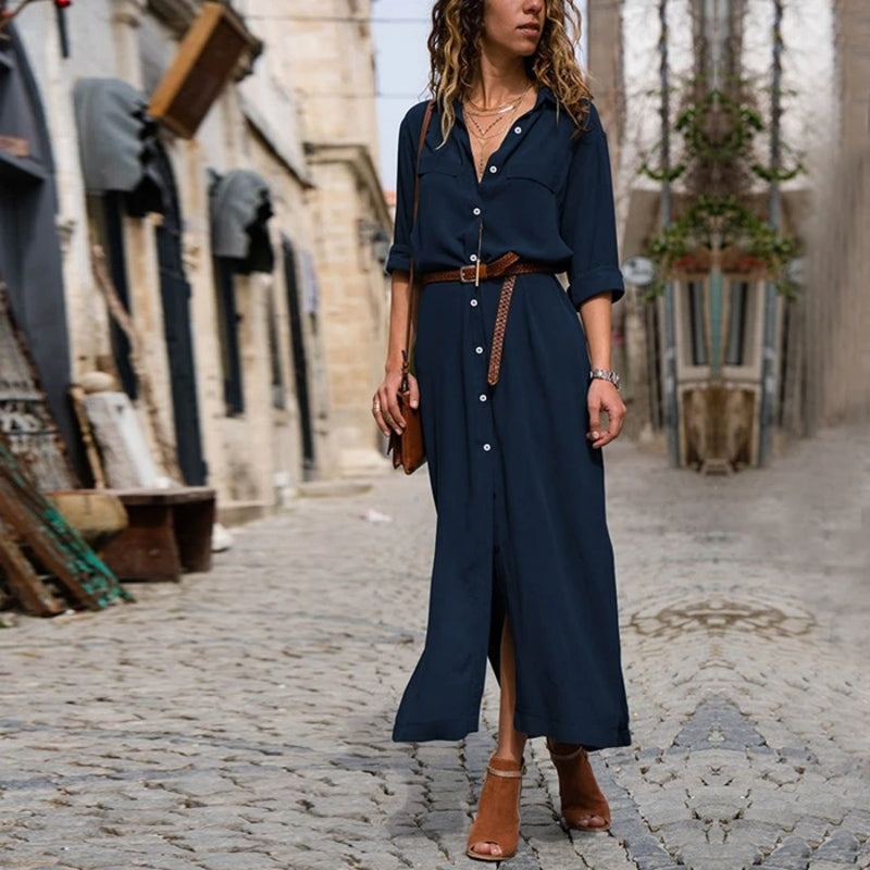 Drune – Elegantes Button-Down-Hemdkleid für Damen | Langärmliges Hemdblusenkleid im Bohemian-Stil mit Gürtel