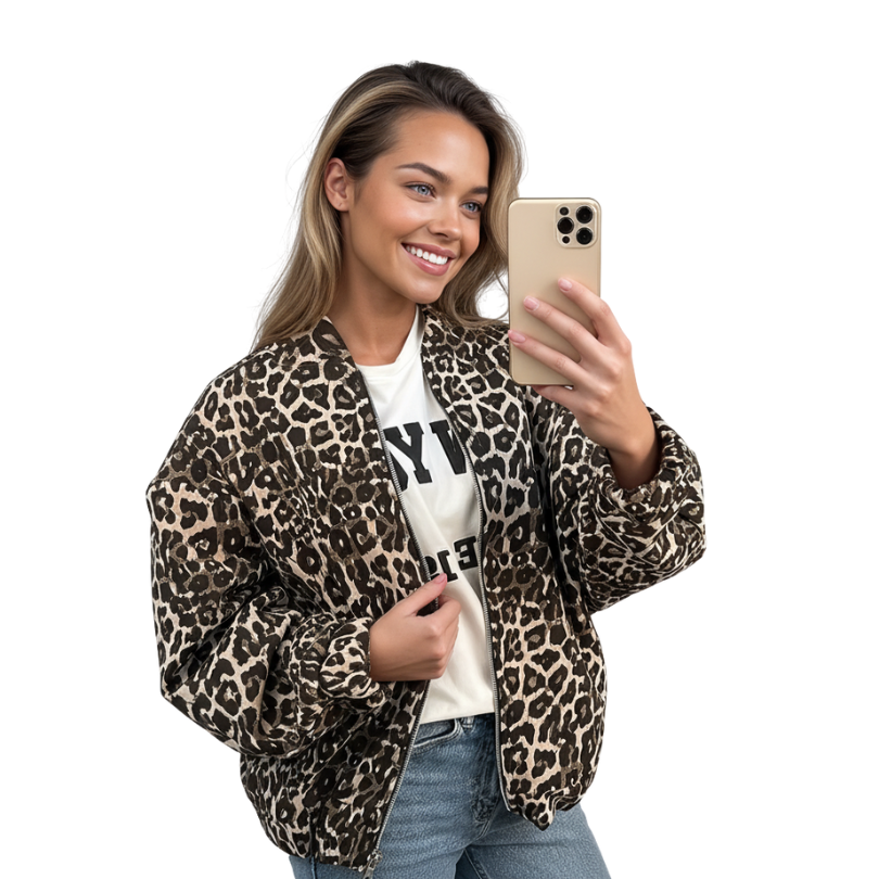 Drune | Bomberjacke Übergröße Reißverschluss Leopardjacke Damenjacke