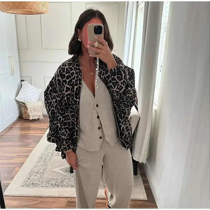 Drune | Bomberjacke Übergröße Reißverschluss Leopardjacke Damenjacke