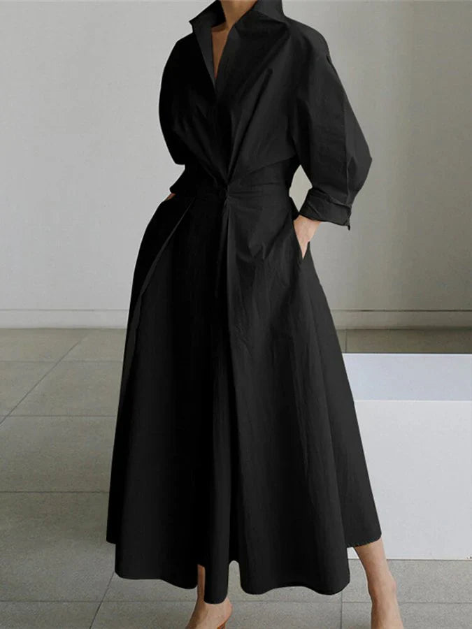 Drune | Elegantes Damen Maxi Kleid mit Kragen und Schmeichelhaften Falten