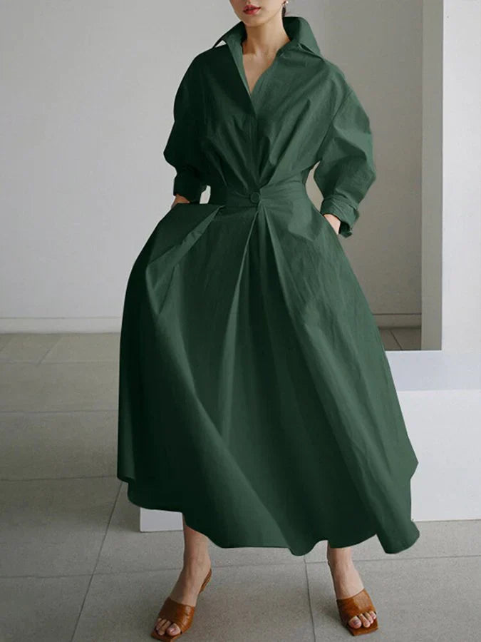 Drune | Elegantes Damen Maxi Kleid mit Kragen und Schmeichelhaften Falten
