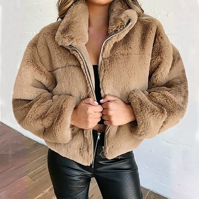 Drune | Warme Damen Teddyjacke mit Reißverschluss und Hohem Kragen