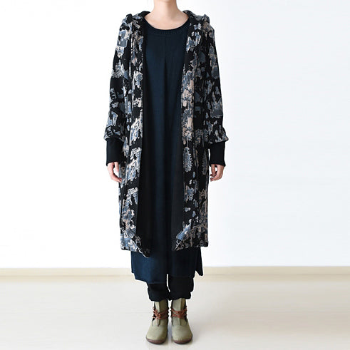 Drune | schwarz blau Drucke Jacken & Mäntel oversized Reißverschluss Trenchcoat 2025 mit Kapuze Jacken & Mäntel