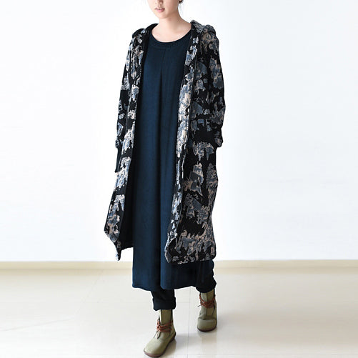 Drune | schwarz blau Drucke Jacken & Mäntel oversized Reißverschluss Trenchcoat 2025 mit Kapuze Jacken & Mäntel