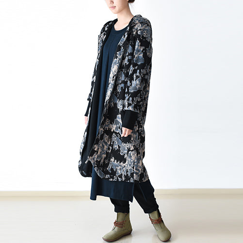 Drune | schwarz blau Drucke Jacken & Mäntel oversized Reißverschluss Trenchcoat 2025 mit Kapuze Jacken & Mäntel
