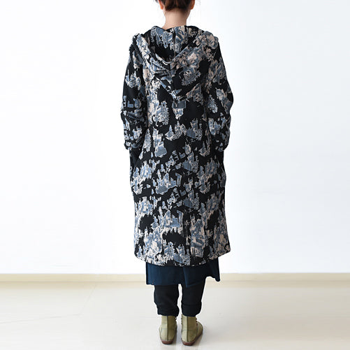 Drune | schwarz blau Drucke Jacken & Mäntel oversized Reißverschluss Trenchcoat 2025 mit Kapuze Jacken & Mäntel