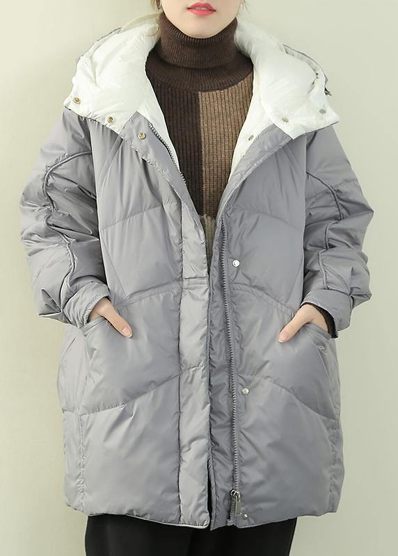 Drune | grau blauer Entendaunenmantel Übergrößen Winterjacke mit Kapuze Reißverschlussmäntel