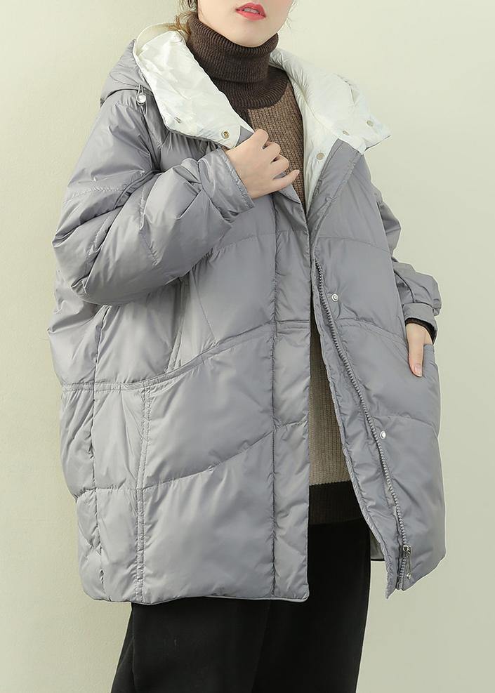 Drune | grau blauer Entendaunenmantel Übergrößen Winterjacke mit Kapuze Reißverschlussmäntel