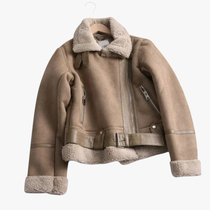 Drune | Warme Damen Teddy Bikerjacke mit Reißverschluss und Kragen