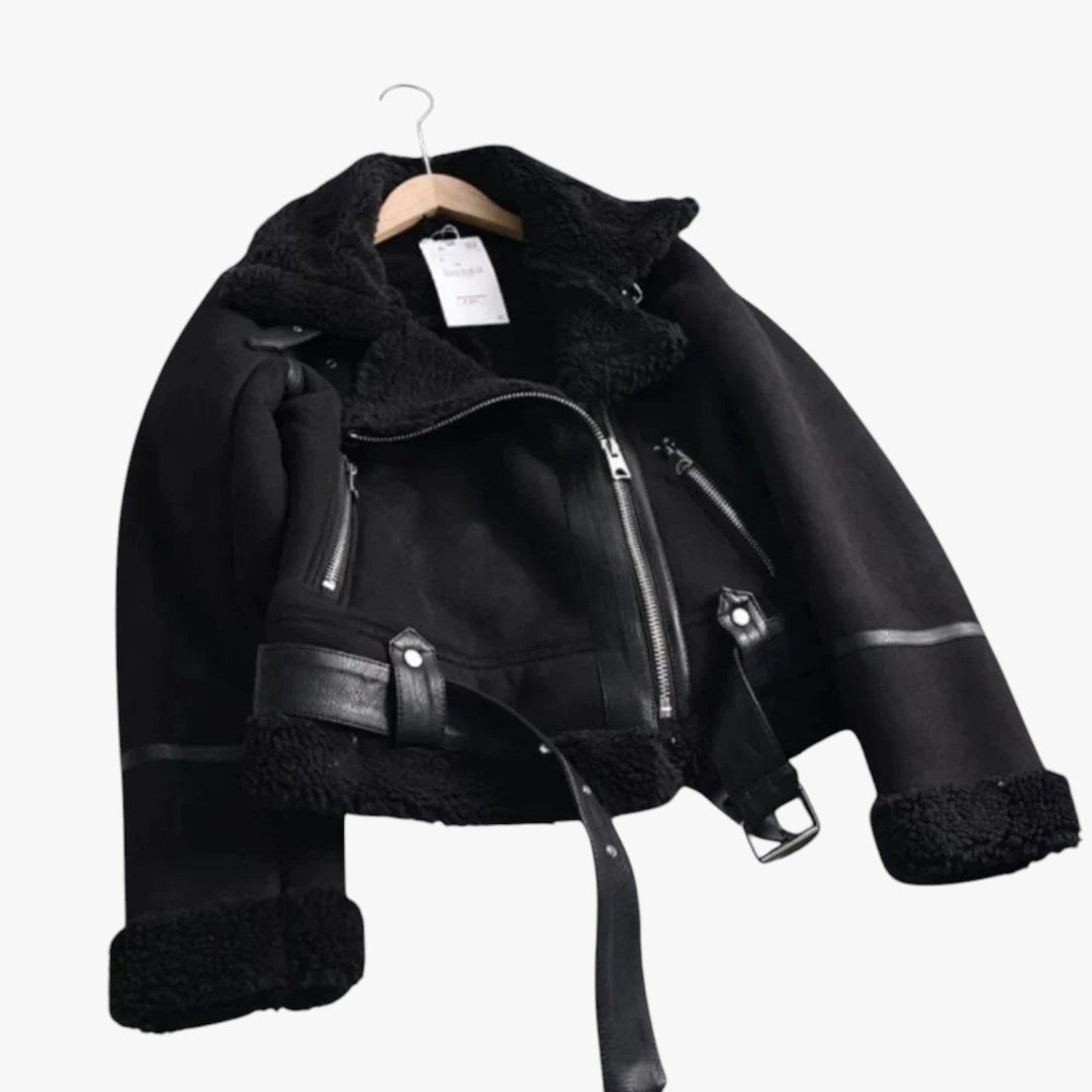 Drune | Warme Damen Teddy Bikerjacke mit Reißverschluss und Kragen