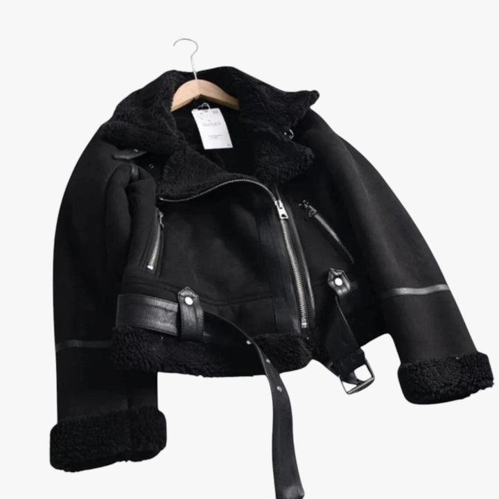 Drune | Warme Damen Teddy Bikerjacke mit Reißverschluss und Kragen