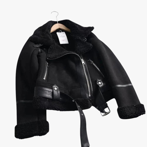 Drune | Warme Damen Teddy Bikerjacke mit Reißverschluss und Kragen