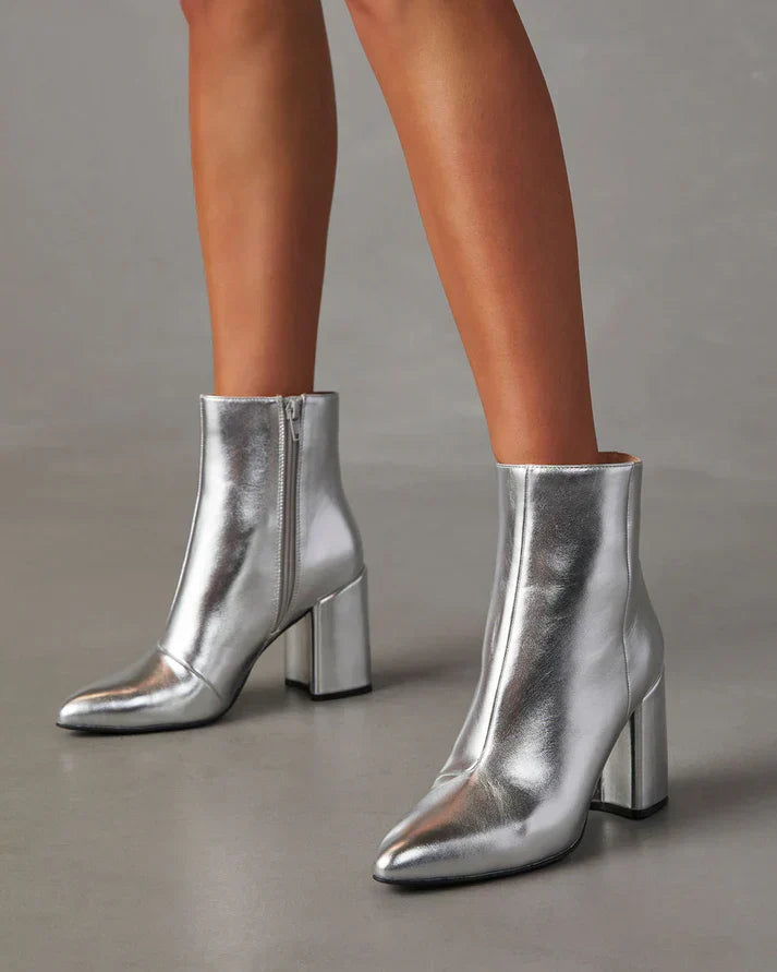 Drune | silber metallischen Absatz Stiefelette mit Blockabsatz für einen mutigen und trendigen Look