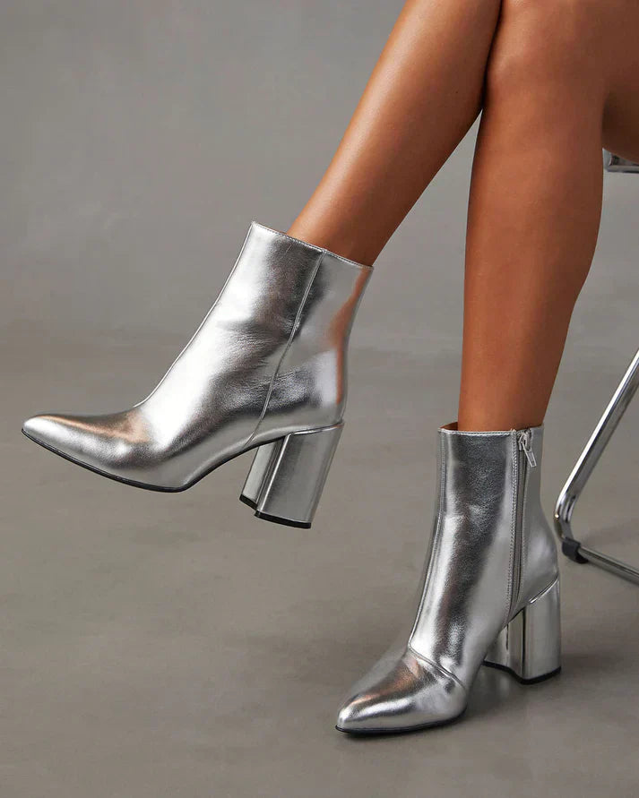 Drune | silber metallischen Absatz Stiefelette mit Blockabsatz für einen mutigen und trendigen Look