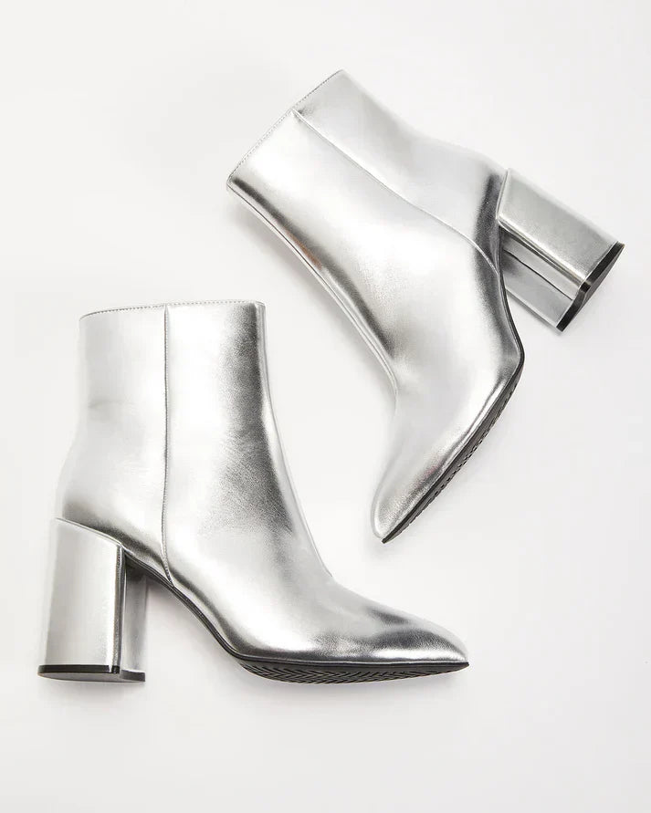 Drune | silber metallischen Absatz Stiefelette mit Blockabsatz für einen mutigen und trendigen Look