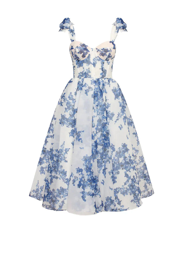 Drune | blaues Organza Midi Kleid mit Hortensienmuster