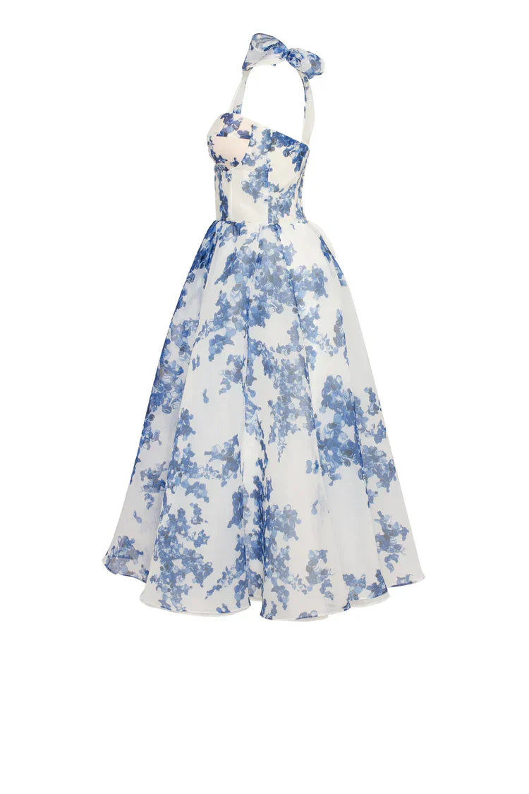 Drune | blaues Organza Midi Kleid mit Hortensienmuster