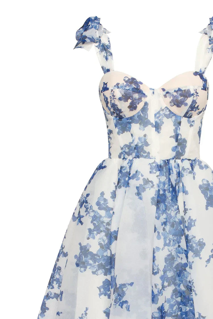 Drune | blaues Organza Midi Kleid mit Hortensienmuster