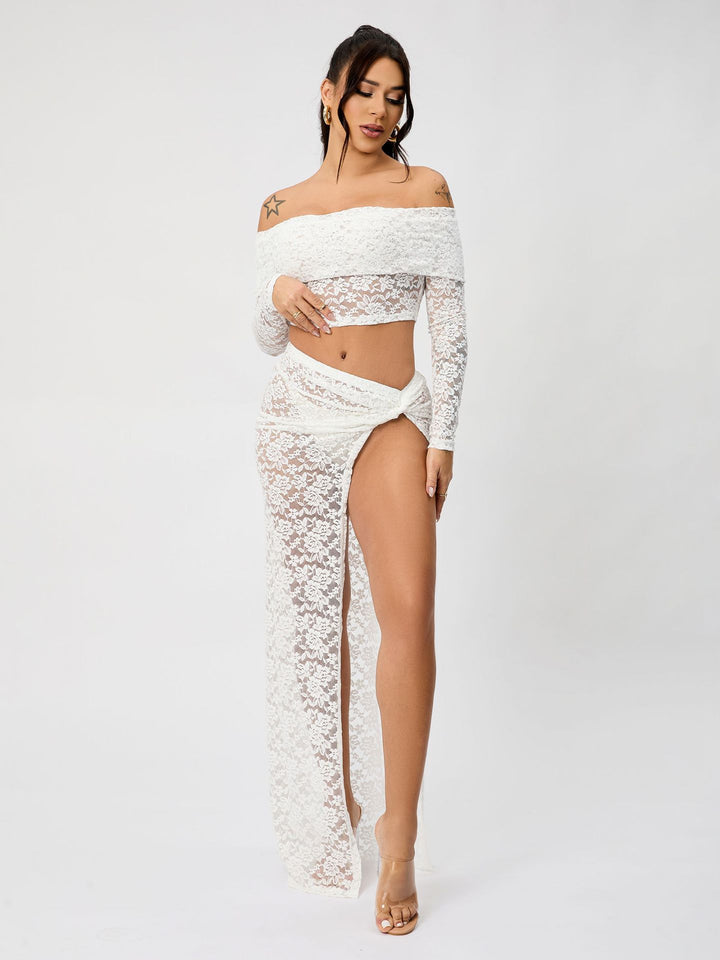 Drune | Off-Shoulder Floral Lace Long Sleeve Maxi Co-Ord Set