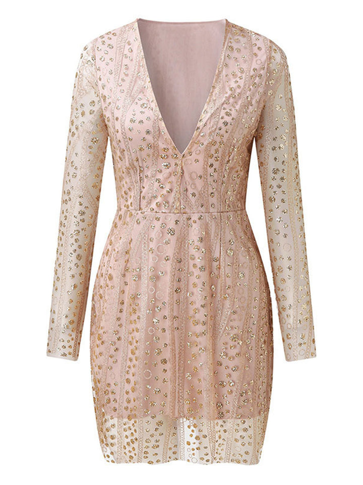 Drune | Damen Semi Transparent Goldton Pailletten Midi Kleid