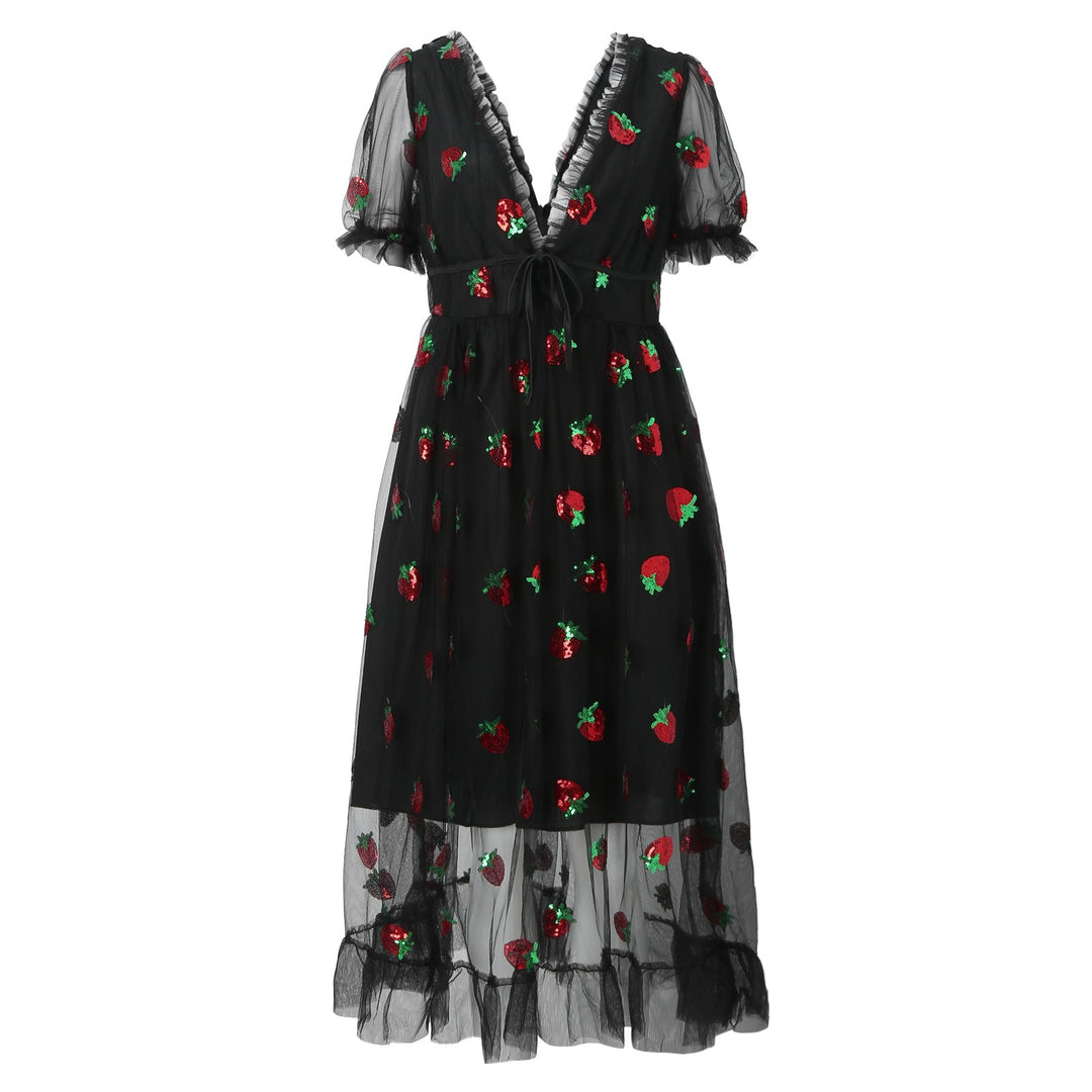 Damen Tüllkleid mit verspieltem Erdbeer-Design und eleganter Schnürung Drune