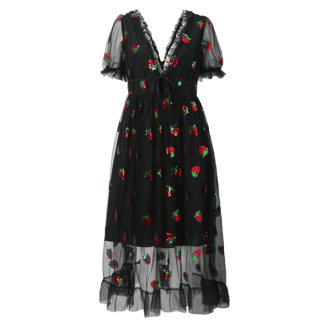 Damen Tüllkleid mit Verspieltem Erdbeer-Design und Eleganter Schnürung Drune