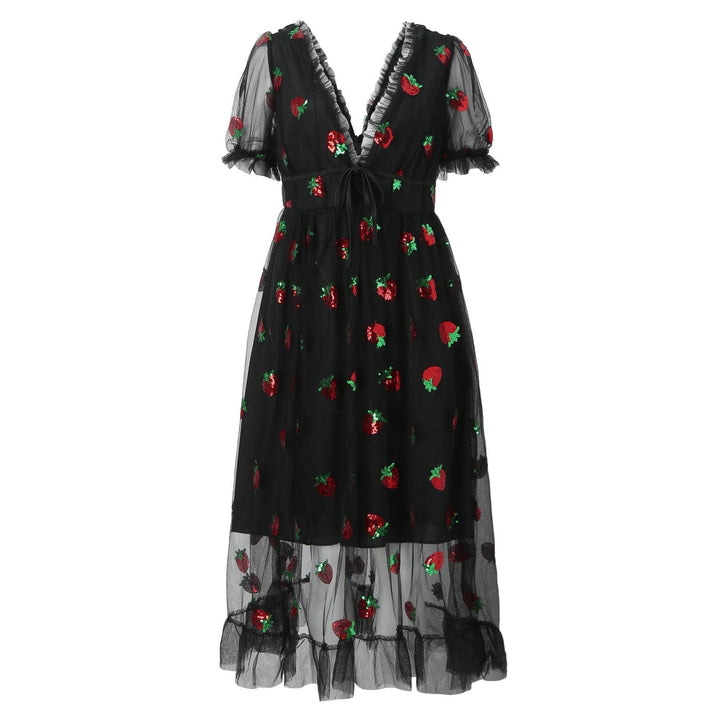 Damen Tüllkleid mit Verspieltem Erdbeer-Design und Eleganter Schnürung Drune