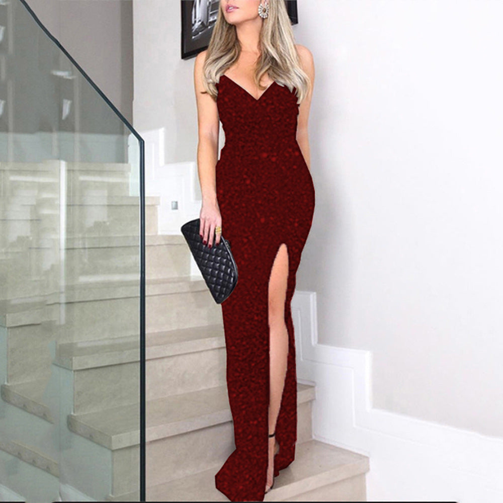 Damen Glitzerndes Abendkleid mit tiefem Schlitz und eleganten Trägern Drune