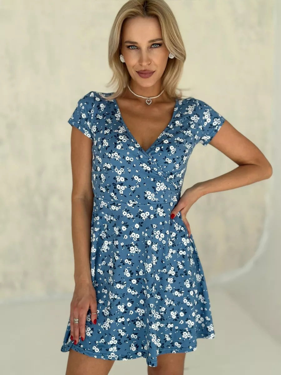 Drune | Kurzärmelige Hohe Taille A-Linie Blumen Kleid
