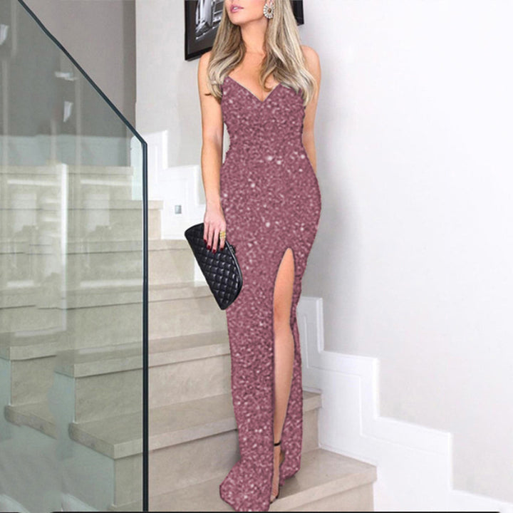 Damen Glitzerndes Abendkleid mit tiefem Schlitz und eleganten Trägern Drune