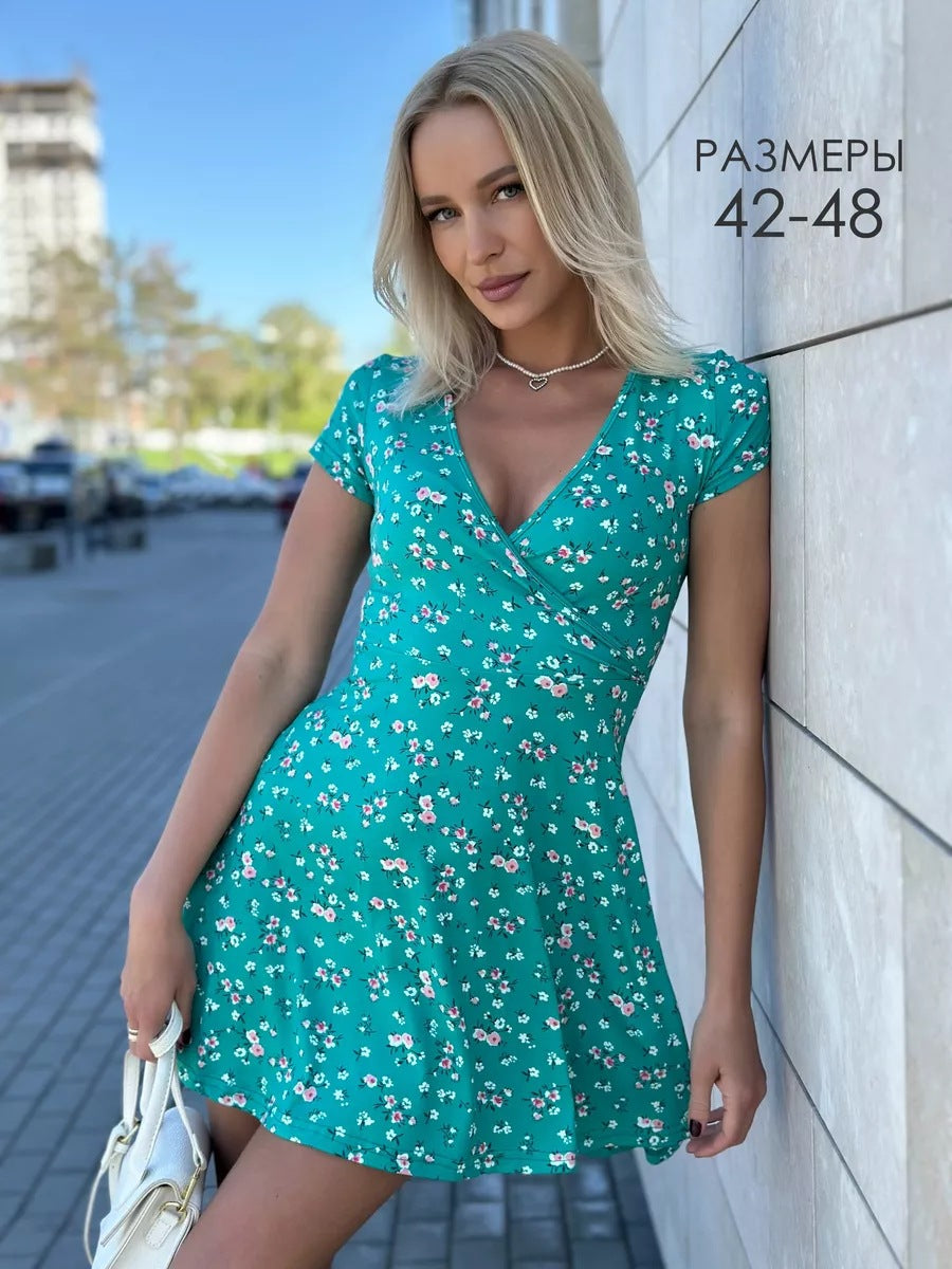 Drune | Kurzärmelige Hohe Taille A-Linie Blumen Kleid